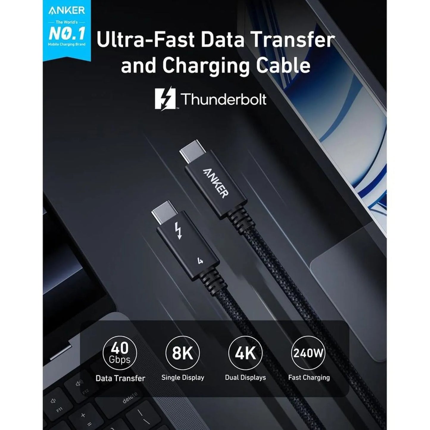 كابل USB-C ثاندربولت 4 انكر برايم A84N0011، قدرة 240 وات - 0.9 متر