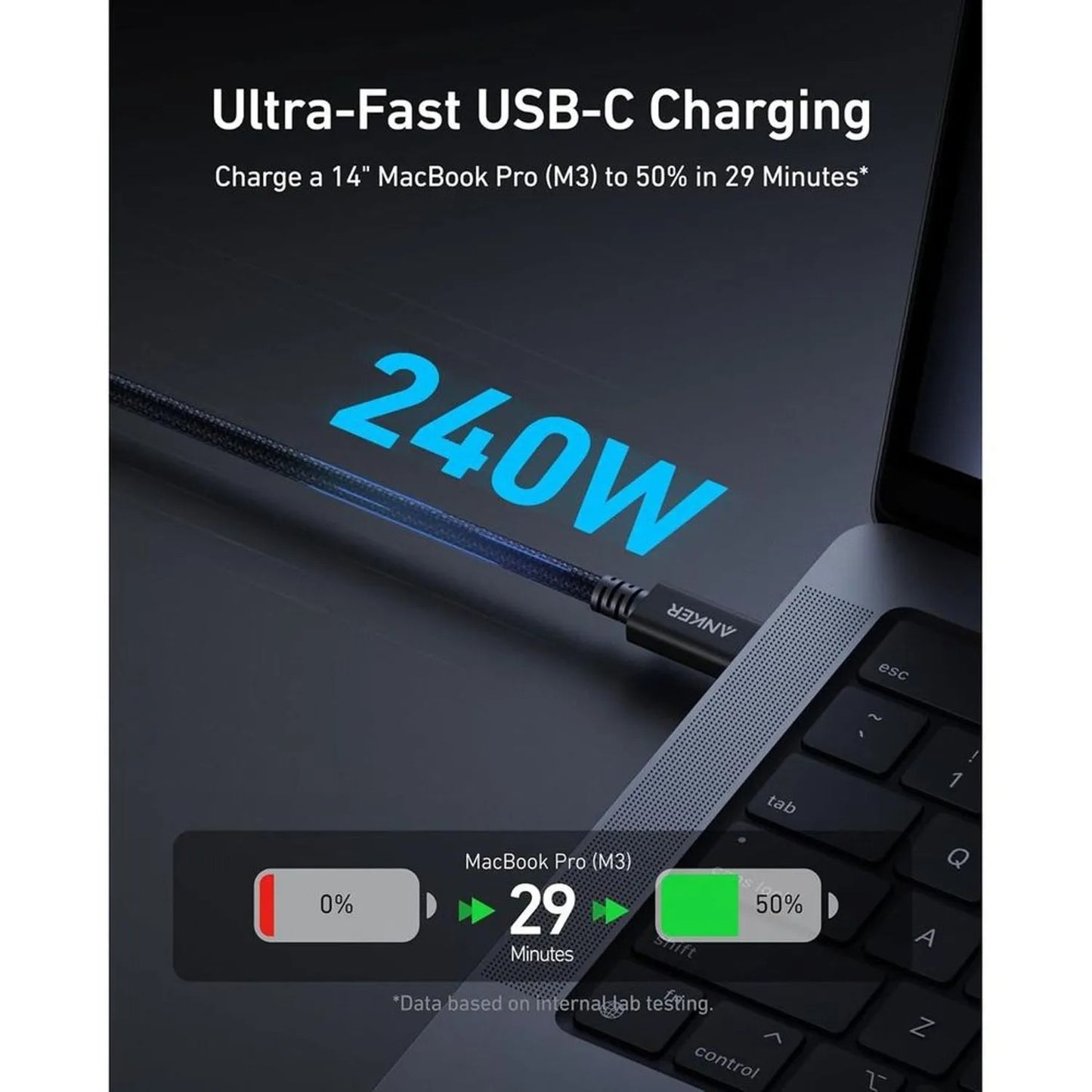 كابل USB-C ثاندربولت 4 انكر برايم A84N0011، قدرة 240 وات - 0.9 متر