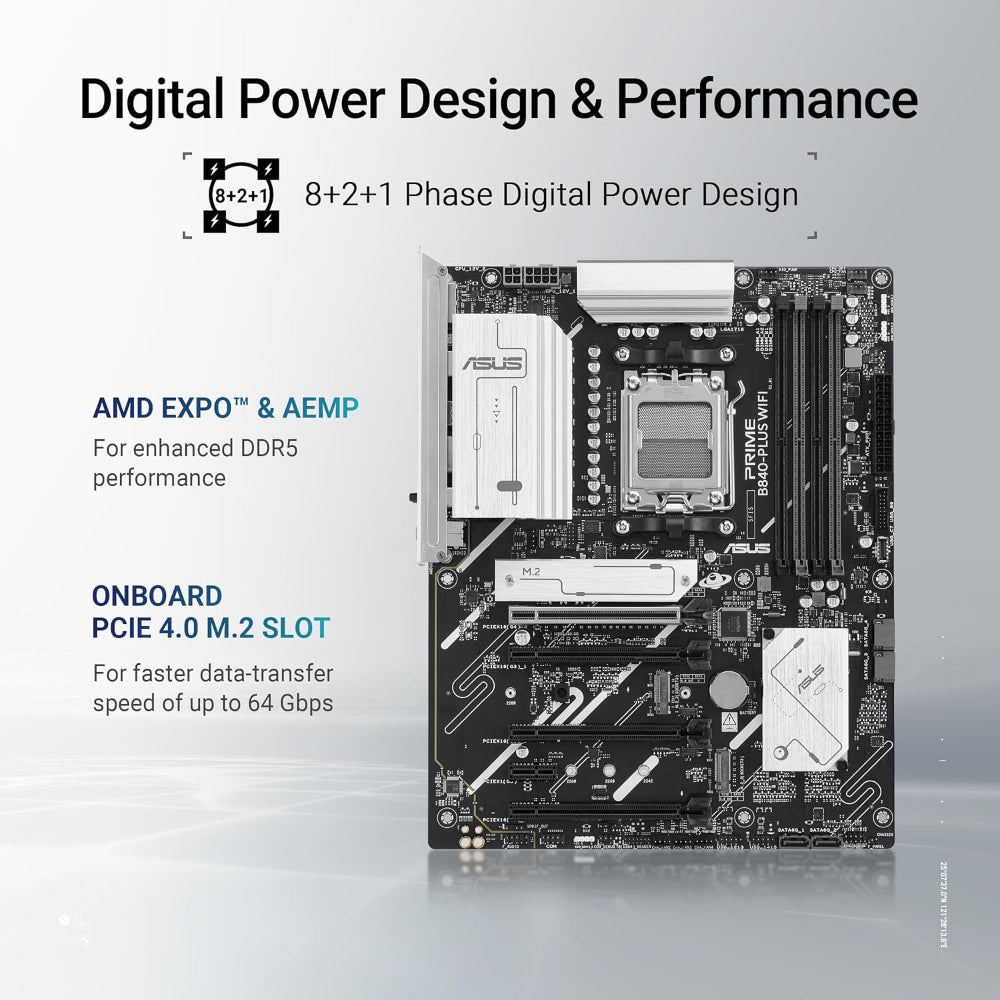 Asus PRIME B840-PLUS Wi-Fi 6E Motherboard, AM5 Socket, DDR5 Memory