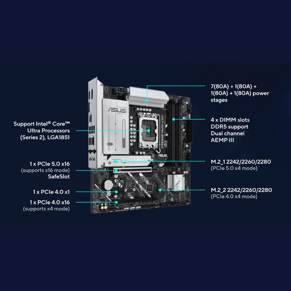 Asus PRIME B860M-A Wi-Fi 6E Motherboard, LGA 1851 Socket, DDR5 Memory