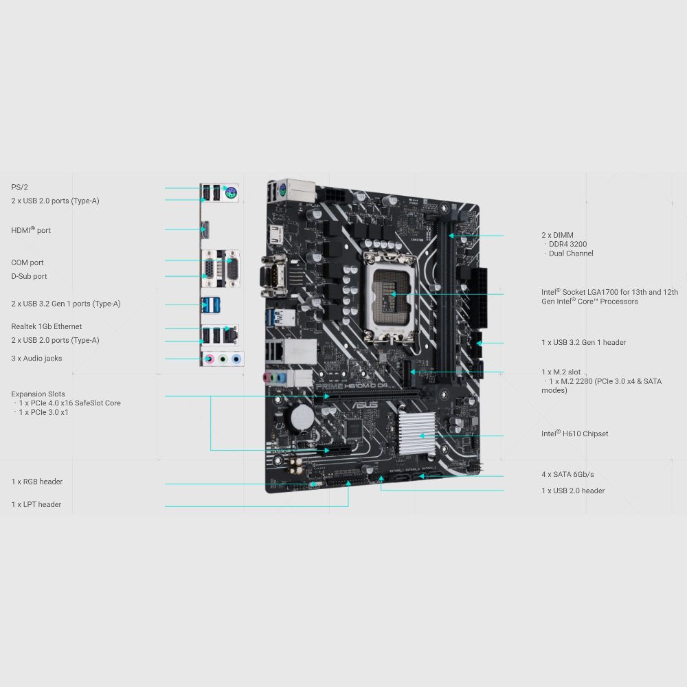 Asus PRIME H610M-D D4 Motherboard, LGA 1700 Socket, DDR4 Memory