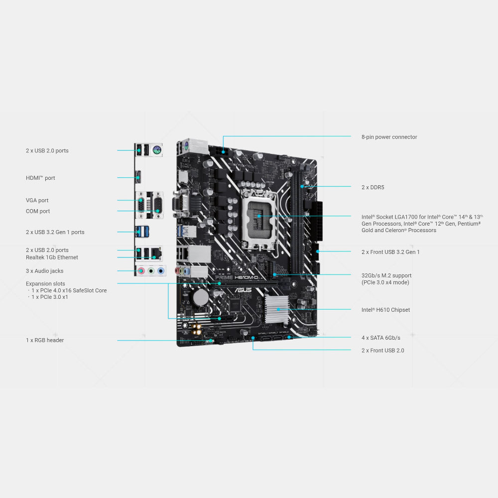 Asus PRIME H610M-D Motherboard, LGA 1700 Socket, DDR5 Memory