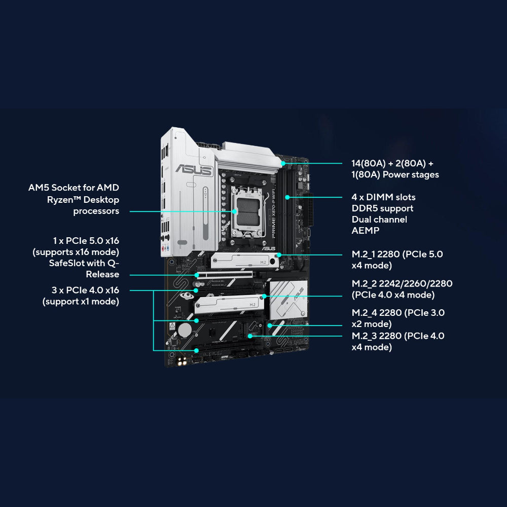 Asus PRIME X870-P Wi-Fi 7 Motherboard, AM5 Socket, DDR5 Memory