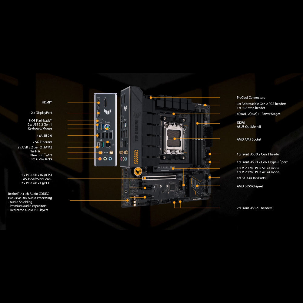 Asus TUF GAMING B650M-E WIFI 6 Motherboard, AM5 Socket, DDR5 Memory
