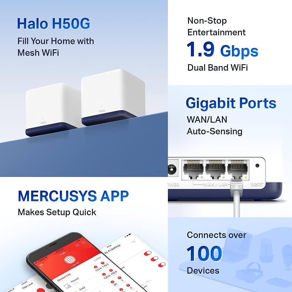Mercusys Halo H50G AC1900 Home Wi-Fi Access Point System, 1900Mbps (2 Pack)