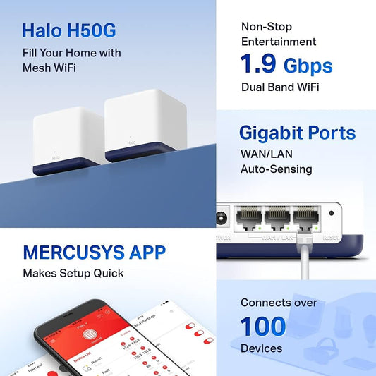 Mercusys Halo H50G AC1900 Home Wi-Fi Access Point System, 1900Mbps (2 Pack)