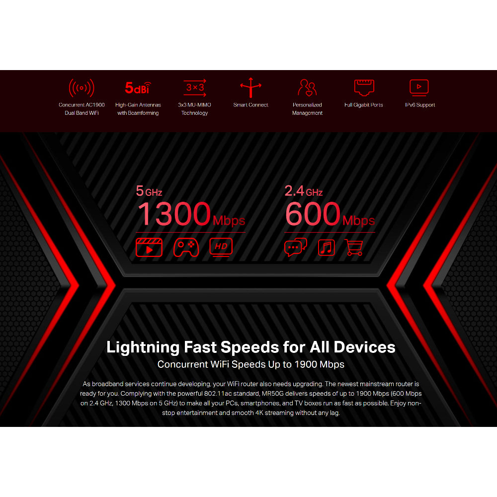 راوتر ميركوسيس MR50G AC1900 ثنائي النطاق، 3 منافذ، سرعة 1900 ميجابايت في الثانية