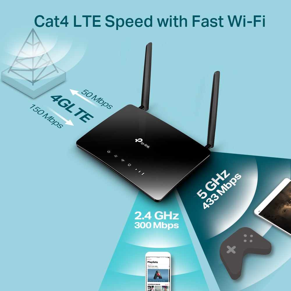 TP-Link Archer MR200 AC750 Dual Band 4G LTE Router, 4 Ports, 750Mbps
