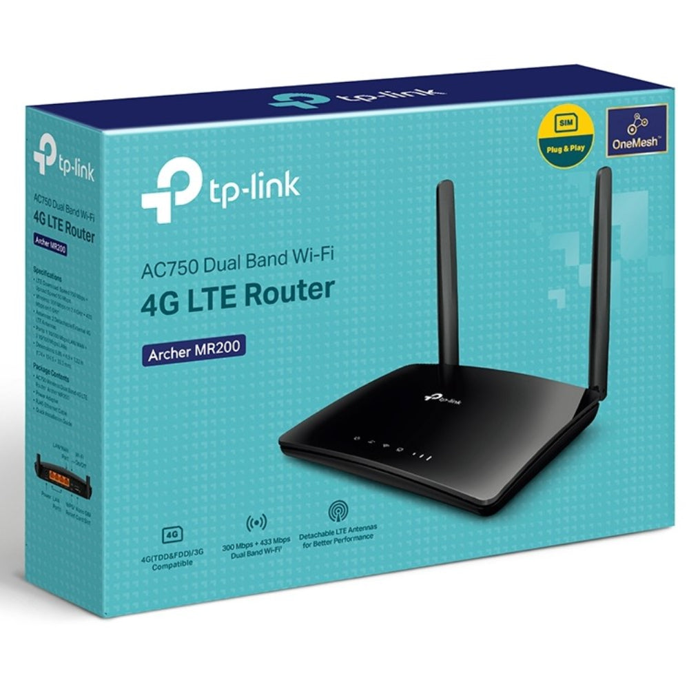 TP-Link Archer MR200 AC750 Dual Band 4G LTE Router, 4 Ports, 750Mbps