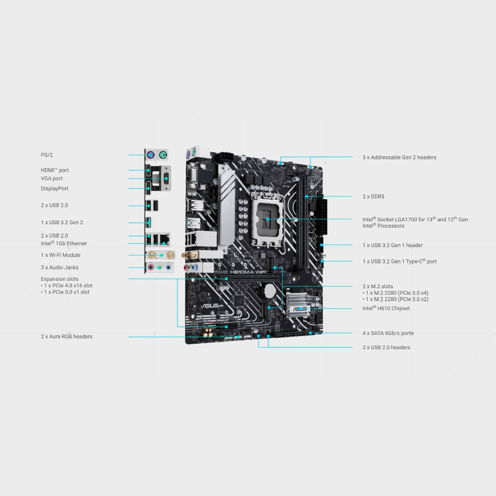 Asus PRIME H610M-A WiFi 5 Motherboard, LGA 1700 Socket, DDR5 Memory