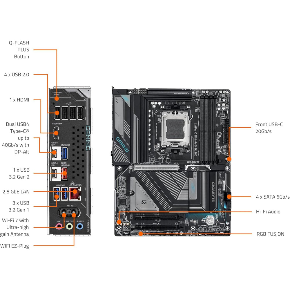 Gigabyte X870 GAMING X WIFI7 Motherboard, AM5 Socket, DDR5 Memory