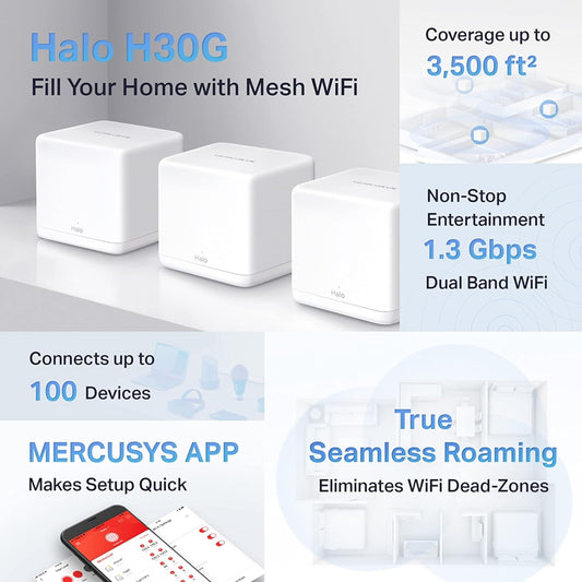 Mercusys Halo H30G AC1300 Home Wi-Fi Access Point System, 1300Mbps (3 Pack)